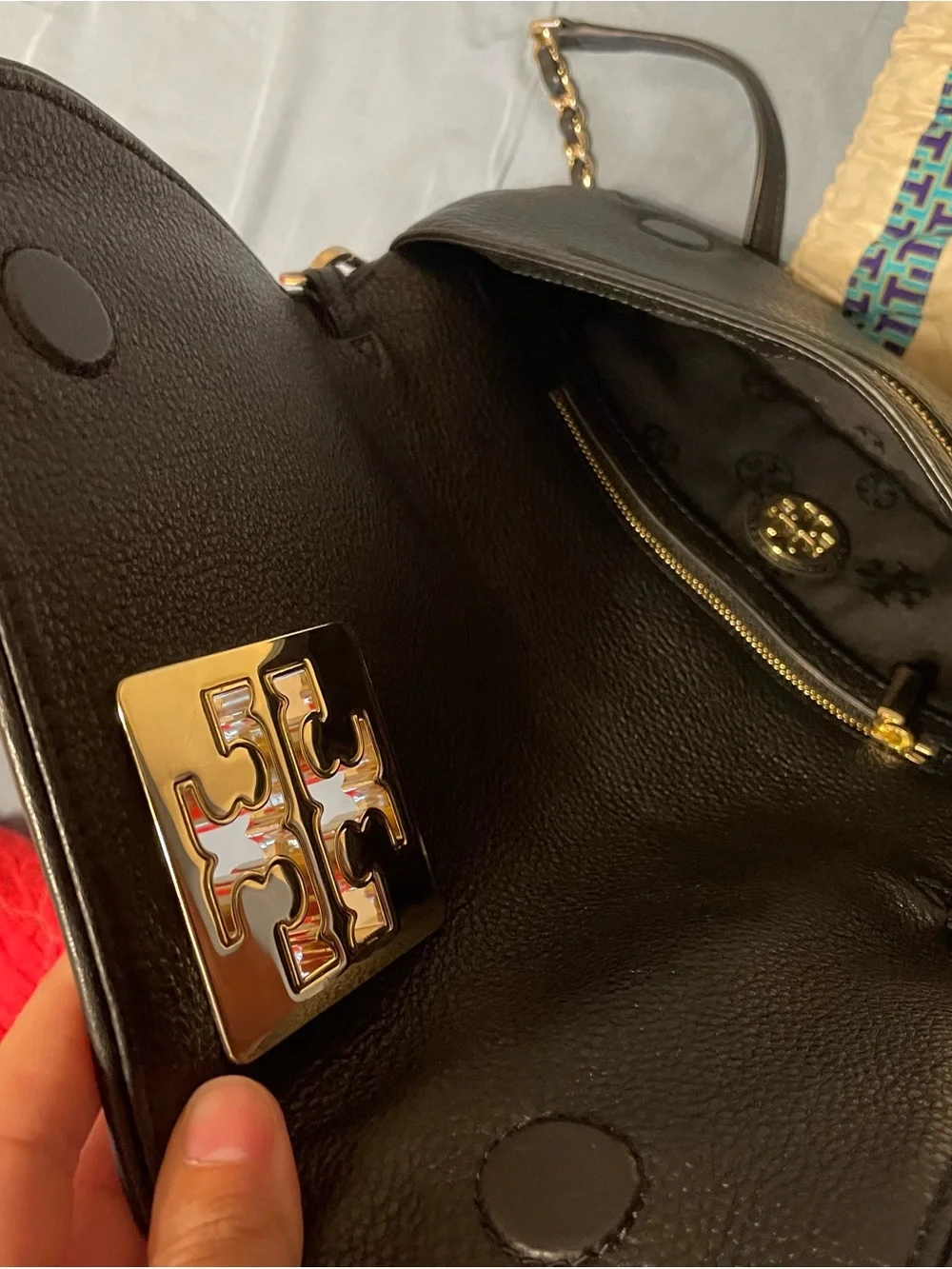 Tory Burch Black Pebbled Leather Chain Crossbody with Gold Logo